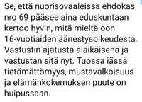Vihreät ehdotti ikärajan laskua äänestyksessä.